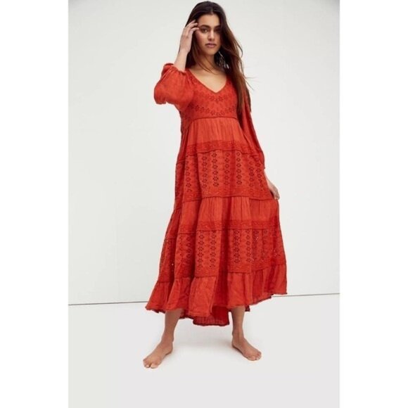 Free People Orange Mockingbird Maxi Eyelet Open Back Dress Size XS - Picture 1 of 10